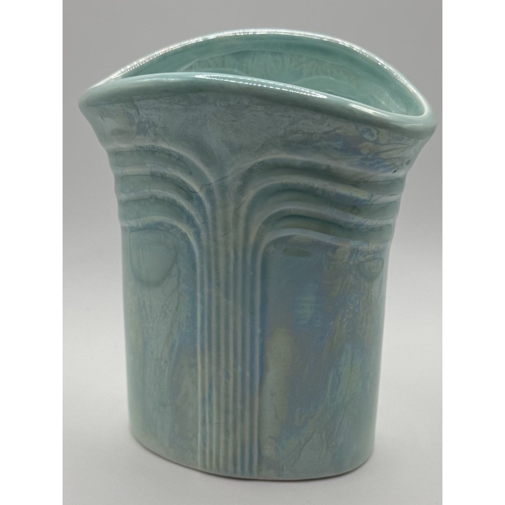 VTG Fabergé Cosmetics Fluted Art Deco Revival Pottery Aqua MCM Vase Vanity VGUC